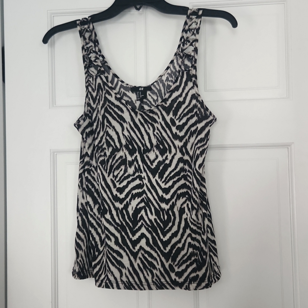 H&M Tank Top, Animal Print, Black and Cream, XS, Flowy